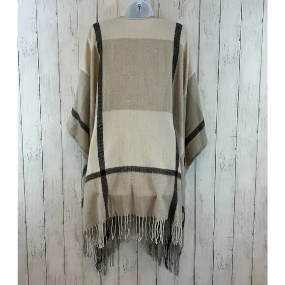 NWT Three Dots Neutral Tan/Black Plaid Miranda Cashmere Wrap One Size - Picture 7 of 11